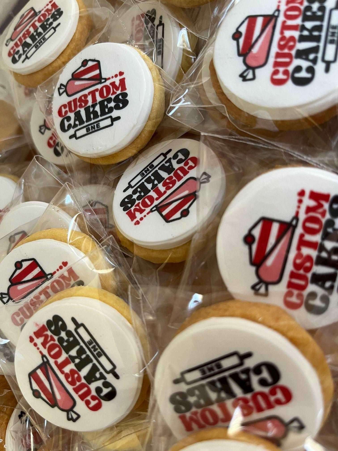 Edible Image Sugar Cookies with printed logos and designs – perfect for corporate events, birthdays, and celebrations, individually wrapped.