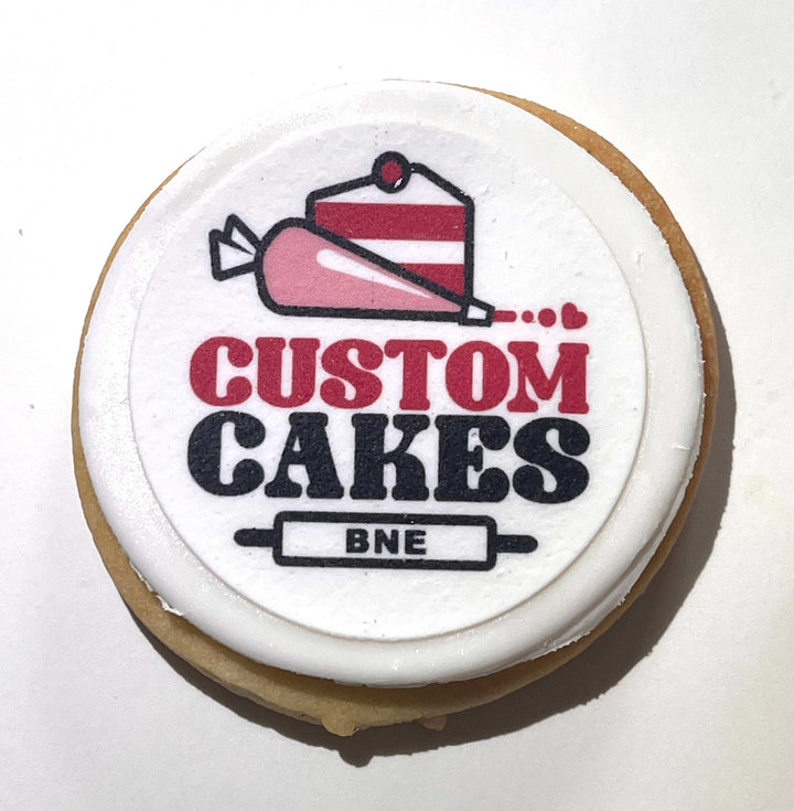 Close-up of edible image cookies with vibrant printed designs, ideal for branding and special occasions.