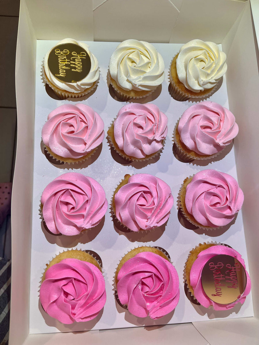Mirrored disk happy birthday cupcakes white to pink shades