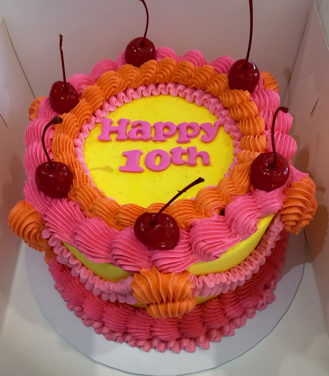 Colorful birthday cake with pink and orange frosting, cherries, and 'Happy 10th' text on a white background.
