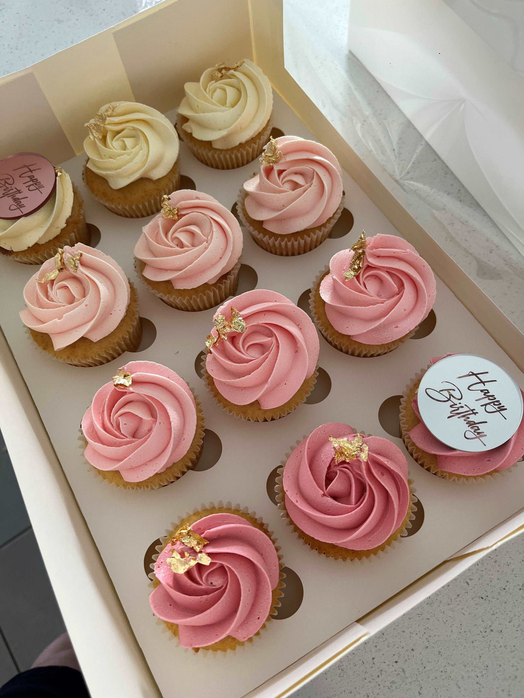 Happy Birthday Rose Cupcakes With Engraved Mirrored Disk