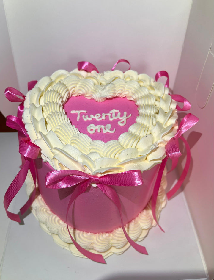 Heart Shape Vintage Cake Hand Piped Message & Bows