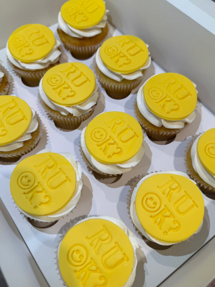R U OK DAY Cupcakes Brisbane with yellow fondant disc